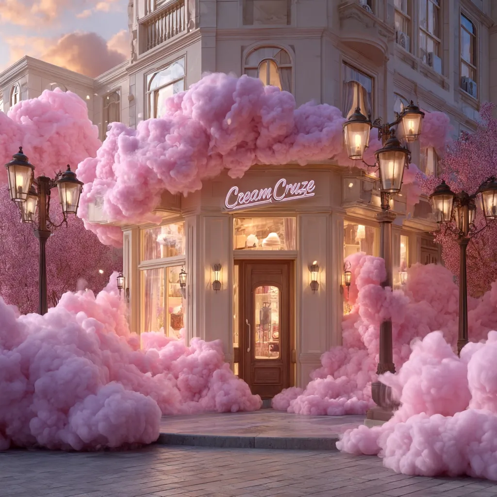 A charming cream-colored shop, "Cream Cruze," is nestled amidst fluffy, cotton candy-like pink clouds.  Street lamps illuminate the scene, casting a warm glow on the whimsical storefront and blossoming cherry trees. The overall aesthetic is dreamy and fantastical, suggesting a sweet and delightful atmosphere.  The building's elegant architecture complements the sugary clouds, creating a visually stunning and unique image.
