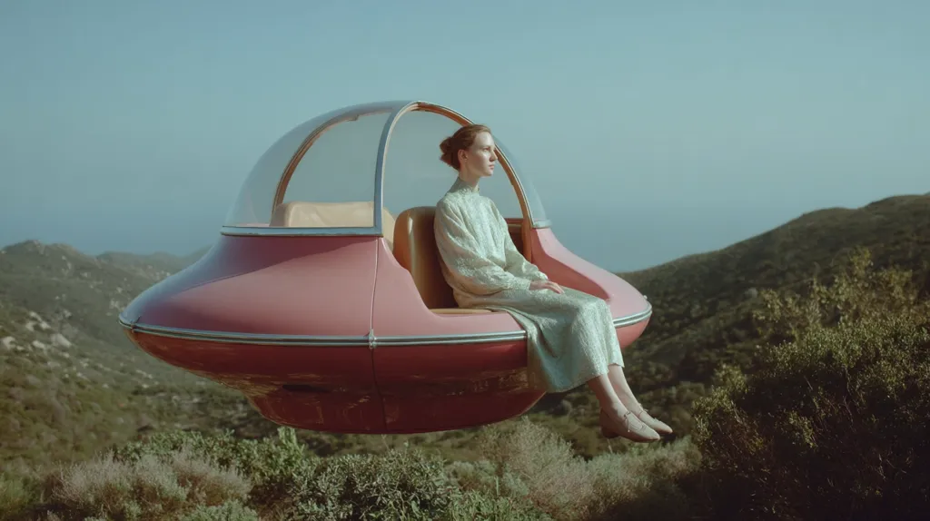 A serene woman in a pale green dress sits in a retro, pink flying saucer.  The saucer hovers over a verdant hillside under a clear, light blue sky. The image evokes a sense of calm and futuristic nostalgia, with the woman's tranquil expression contrasting against the unusual vehicle.  The overall aesthetic is dreamlike and peaceful.