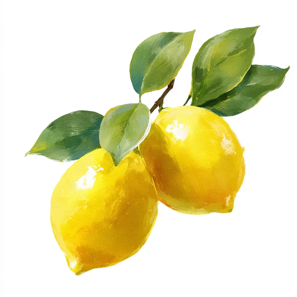 A vibrant watercolor painting showcases two ripe lemons on a branch adorned with lush green leaves. The lemons, depicted with a bright yellow hue, appear juicy and freshly picked.  The artist's loose brushstrokes give a sense of freshness and vitality, creating a cheerful and summery image.  The leaves are a deep, contrasting green, highlighting the lemons' sunny color.