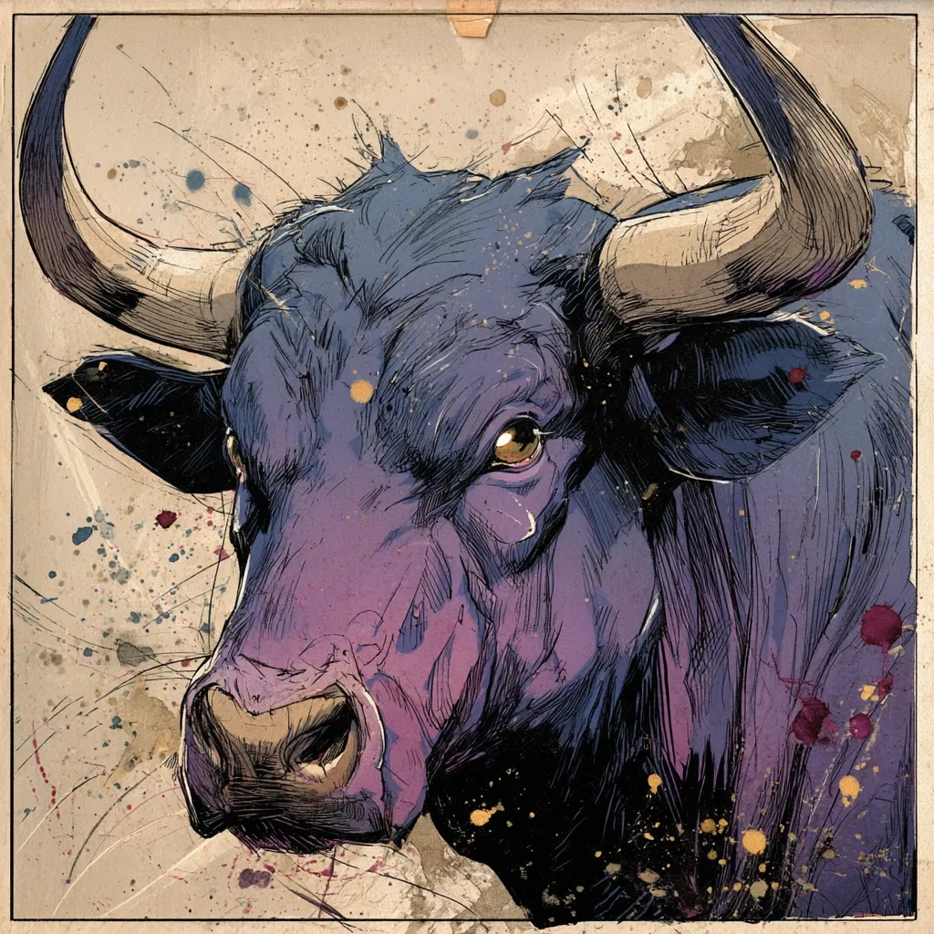 A stylized illustration of a bull's head dominates the composition.  The bull, rendered in shades of purple and gray, possesses imposing horns and a powerful gaze.  The artistic style blends realistic detail with a textured, almost watercolor-like background featuring splatters of color. The overall effect is both fierce and artistic, hinting at themes of strength and power.