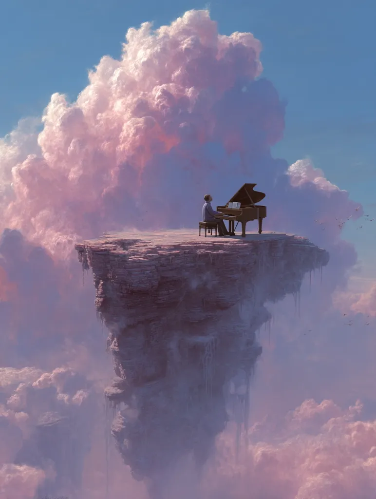 A lone pianist sits at a grand piano on a floating rock high above a sea of pastel-colored clouds.  The scene is serene and ethereal, conveying a sense of solitude and peaceful contemplation. The vastness of the sky and the soft hues create a dreamy, almost otherworldly atmosphere.  The image suggests a journey of the soul or a moment of profound artistic inspiration.
