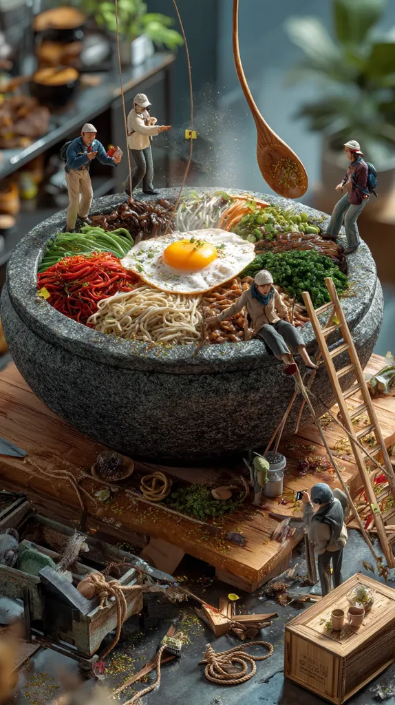 A miniature scene depicts tiny figures interacting with a giant bibimbap bowl.  The figures, dressed as hikers and explorers, are scattered around the massive dish, which is filled with colorful vegetables, meat, and a fried egg. A wooden spoon hangs above, adding to the whimsical, large-scale food photography. The overall scene is intricately detailed and creatively staged.