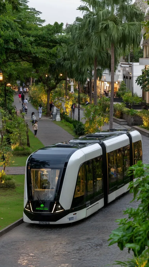 A modern, sleek tram travels down a tree-lined street.  The tram is predominantly white with black accents, and features large windows. Pedestrians stroll along a paved walkway, lined with lush greenery and palm trees, creating a peaceful, almost idyllic urban scene.  The buildings in the background suggest a sophisticated, possibly touristy area.  The overall impression is one of clean, modern transportation integrated seamlessly into a pleasant environment.