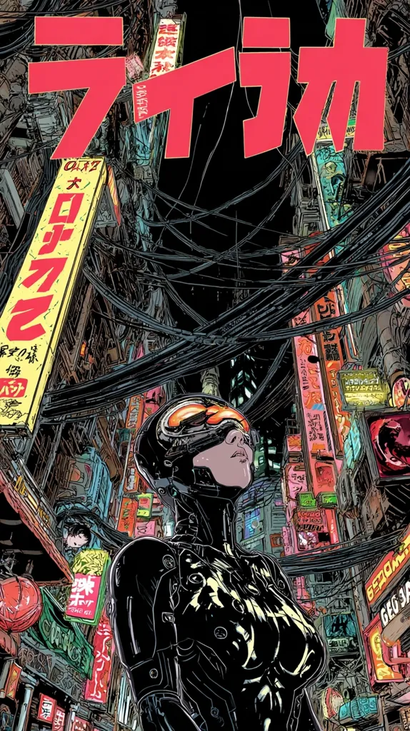A cyberpunk-style illustration features a female cyborg, gazing upward, amidst a densely packed, neon-lit cityscape.  Japanese kanji characters adorn the buildings, adding to the futuristic, Asian-inspired setting.  Overlapping wires and intricate details create a chaotic yet visually striking scene, suggestive of a crowded, technologically advanced urban environment. The large title "プカプカ" is prominently displayed in red.
