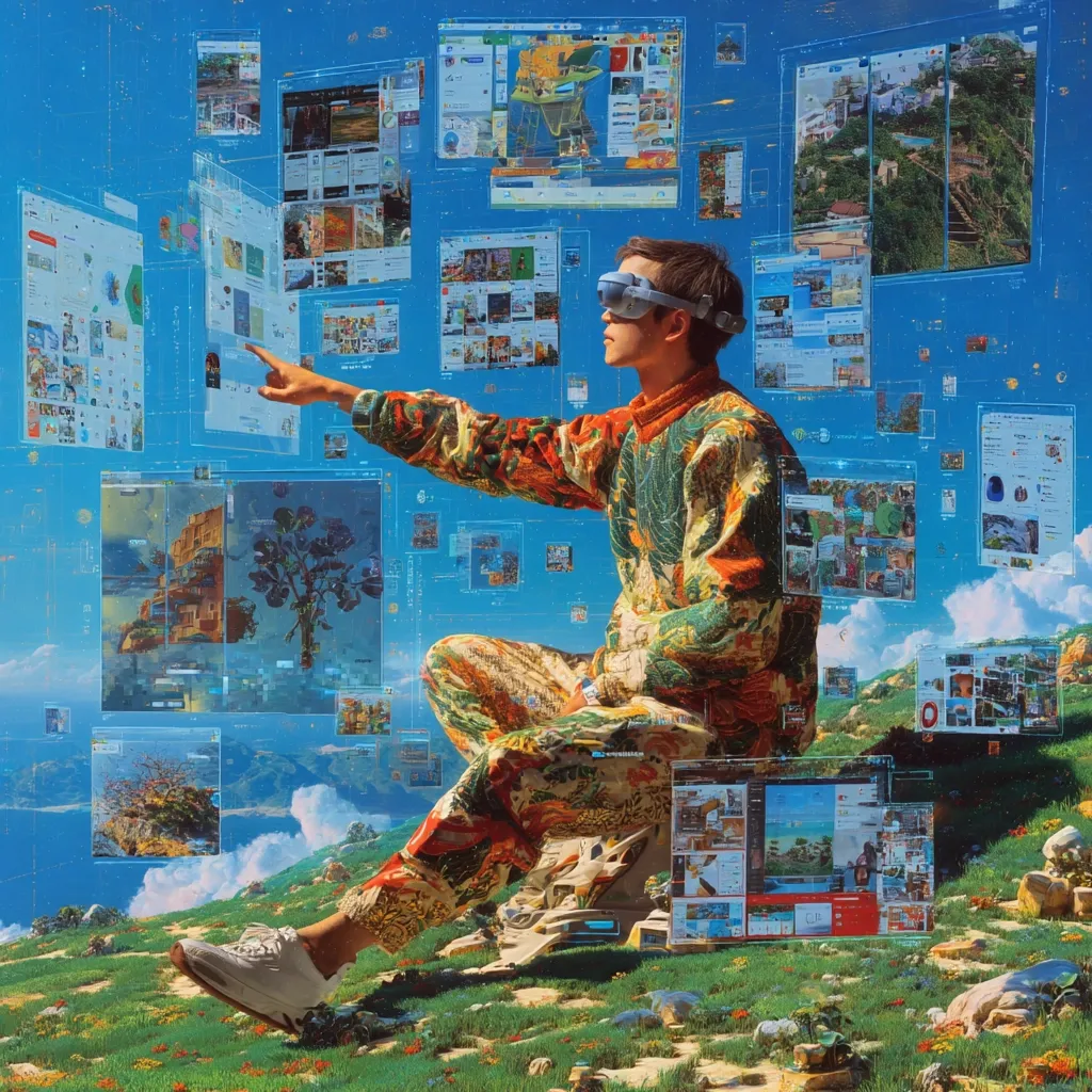 A person wearing a vibrant patterned jumpsuit and VR headset sits on a grassy hilltop, interacting with a multitude of floating digital screens.  The screens display diverse images—landscapes, architecture, and social media-like content—creating a surreal blend of physical and digital environments. The bright blue sky and idyllic setting contrast with the technological overlay, suggesting a futuristic exploration of virtual and real worlds.