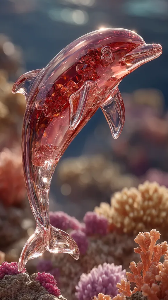 A stunning glass dolphin sculpture, rendered in a translucent reddish-pink hue, leaps gracefully above a vibrant coral reef.  Intricate detailing within the glass creates a captivating effect. Sunlight filters through the crystal-clear form, illuminating the dolphin and highlighting the texture of the coral below. The image evokes a sense of serenity and the beauty of the underwater world.