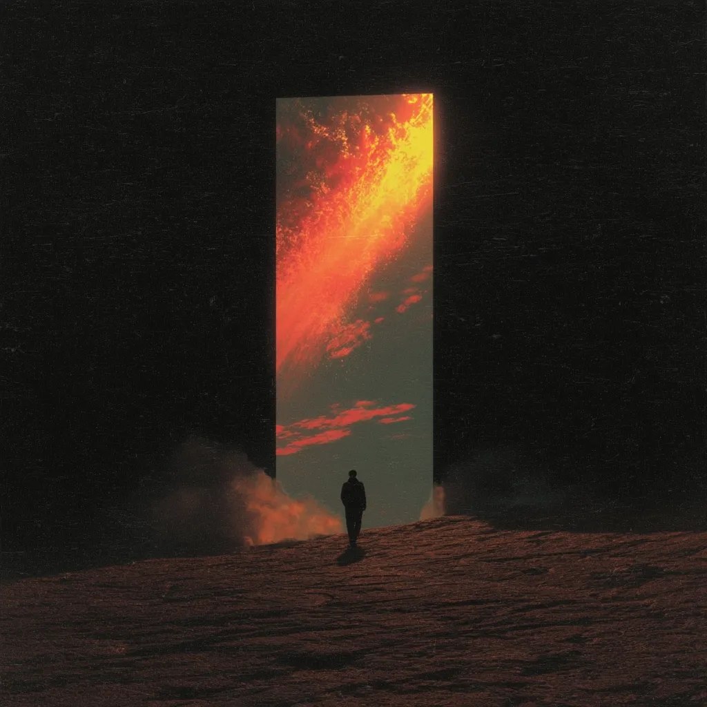 A solitary figure walks towards a tall, dark doorway, beyond which lies a vibrant, fiery sunset sky.  The scene is surreal and evocative, hinting at a transition or journey into the unknown.  The dark, textured walls of the gateway contrast sharply with the bright, almost incandescent colors of the sky.  The overall mood is one of mystery and contemplation.