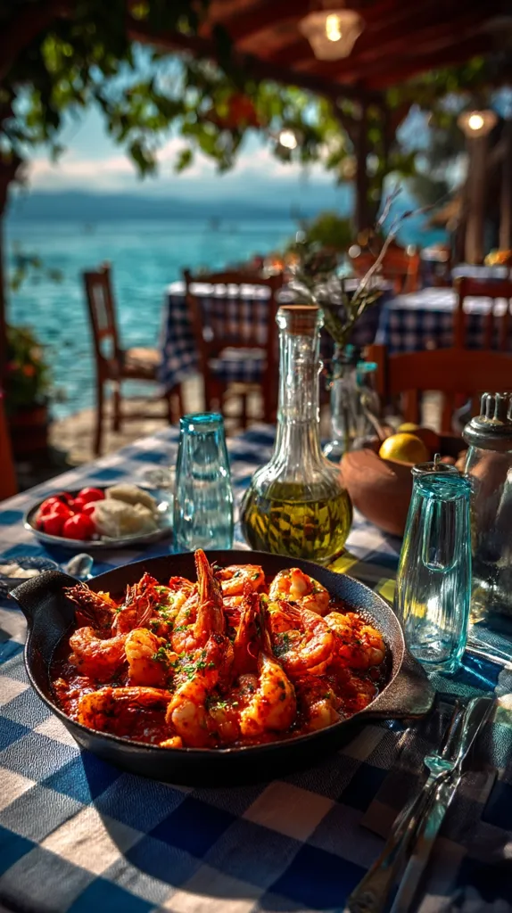 A picturesque outdoor restaurant scene overlooking a calm sea. A cast iron skillet brimming with spicy, red shrimp is the centerpiece on a blue and white checkered tablecloth.  Olive oil and other condiments are nearby.  The setting is idyllic, with sunlight illuminating the vibrant food and tranquil waters in the background.  The overall ambiance suggests a relaxed, seaside dining experience.
