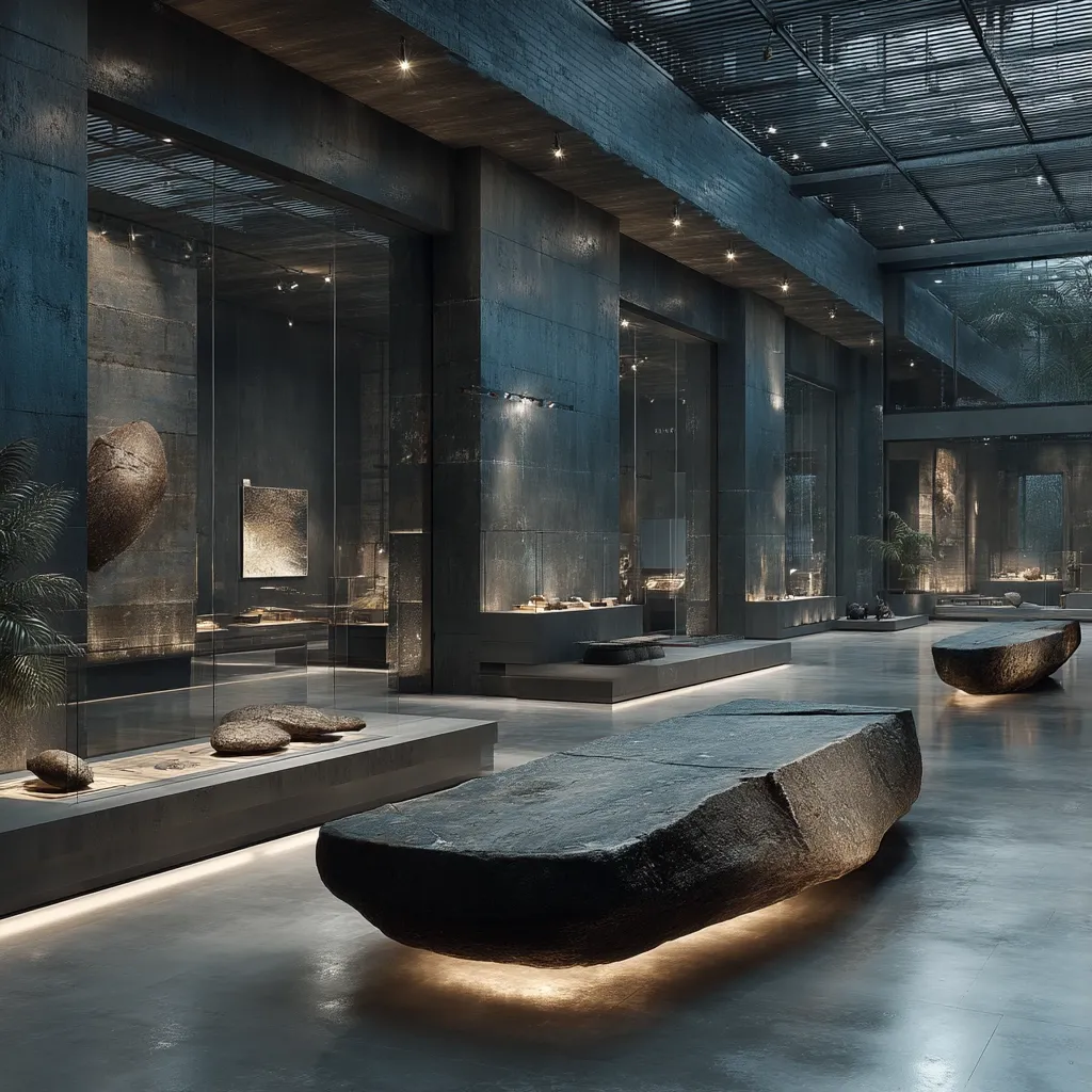 A modern museum interior features dark grey concrete walls and glass display cases showcasing artifacts.  Large, unpolished stone benches provide seating, illuminated from below.  The space is minimalist and dramatic, with recessed lighting highlighting the exhibits and architectural features.  A sleek, contemporary design complements the ancient feel of the displayed objects.  Natural light filters in from a glass roof.