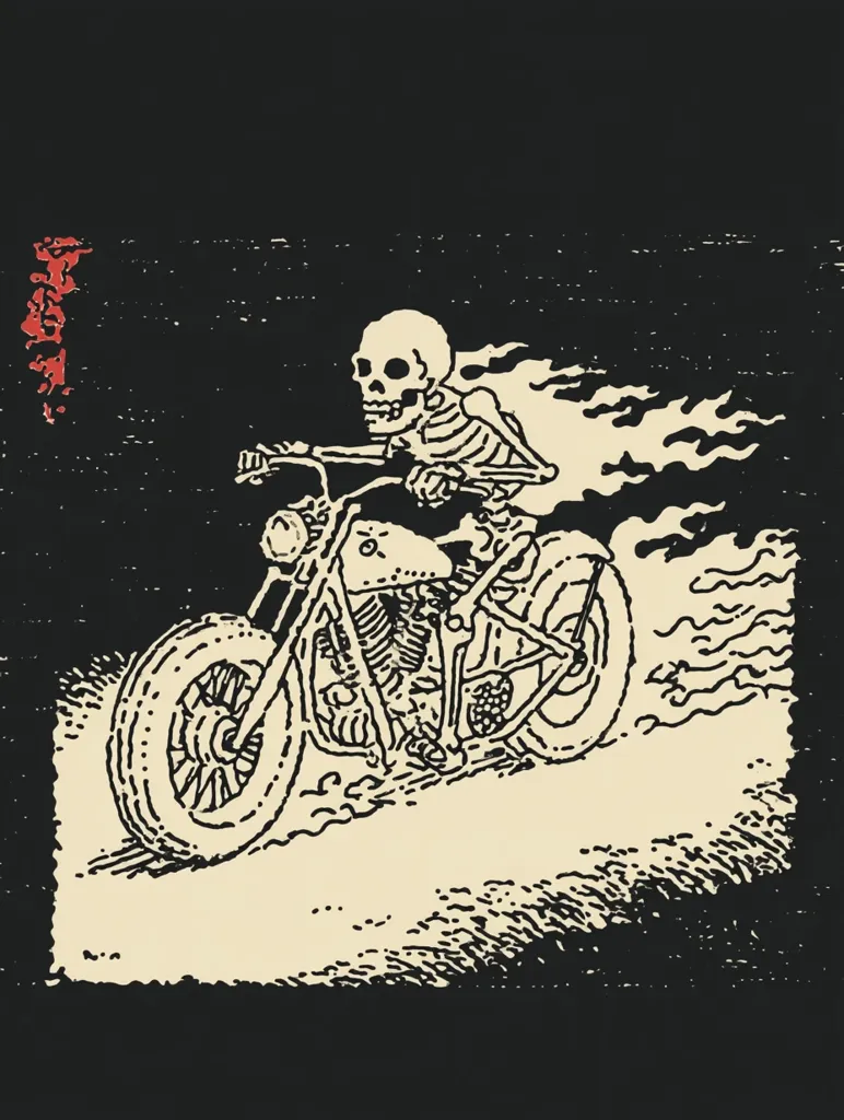 A skeleton rides a motorcycle engulfed in flames, speeding across a pale landscape. The image is rendered in a stark black and cream color palette, reminiscent of vintage printmaking.  The style is gritty and slightly macabre, suggesting a rebellious or death-themed aesthetic. The skeleton's detailed bones and the motorcycle's intricate parts are clearly visible against the dark background.