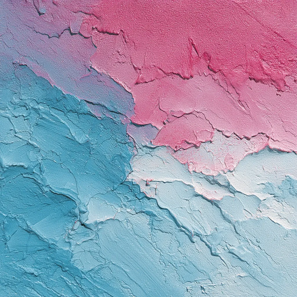 An abstract painting features a textured, impasto style.  Cool blues and a warmer pink are blended, creating a dynamic contrast.  The paint is applied thickly, resulting in a rough, almost sculptural surface.  The colors blend and separate, forming a visually interesting landscape of peaks and valleys of paint.