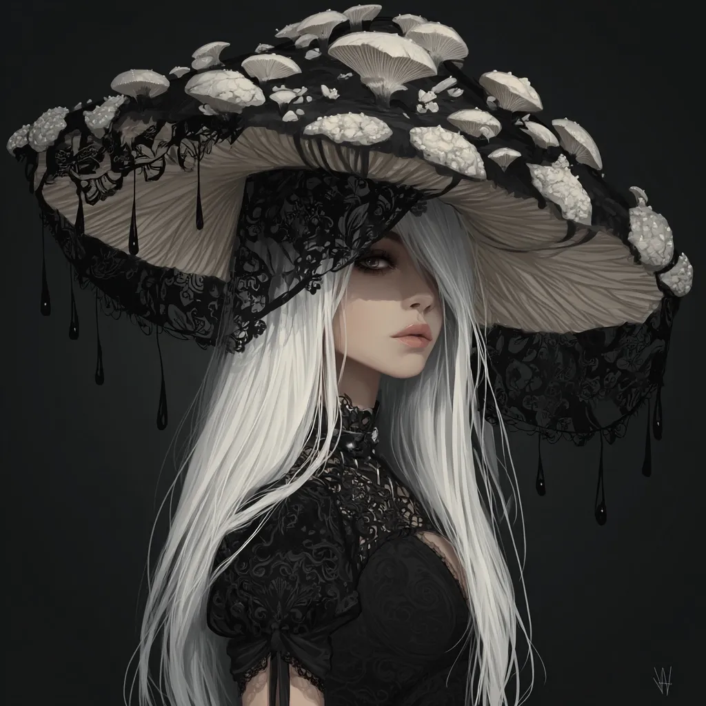A digital painting of a pale woman with long white hair, wearing a large, wide-brimmed hat adorned with mushrooms and black lace.  The hat has dark, dripping accents. She is dressed in a black, lacy, gothic-style dress. The overall aesthetic is dark, elegant, and slightly whimsical. The background is a dark grey.
