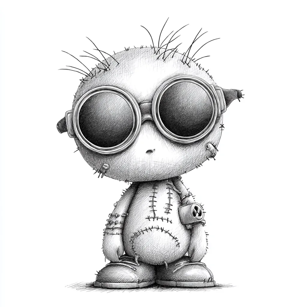 A whimsical, monochromatic illustration depicts a stitched-together creature, reminiscent of a rag doll.  It wears oversized goggles, adding a steampunk aesthetic.  The character's texture is meticulously detailed with pencil shading, showing its worn and patched appearance.  Spiky tufts of hair protrude from its head, complementing the overall quirky and slightly unsettling charm.