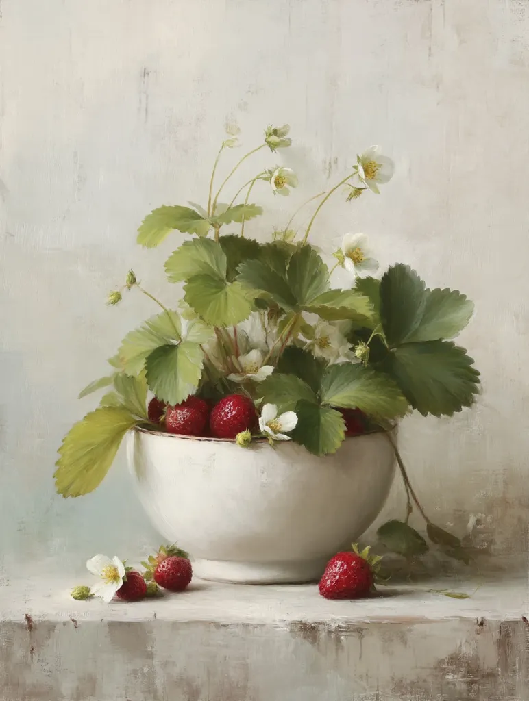 A still life painting depicts a white bowl brimming with ripe red strawberries nestled amongst their green leaves and delicate white blossoms.  A few additional strawberries rest on a nearby surface, adding to the scene's rustic charm. The muted background enhances the vibrancy of the fruit and the overall serene atmosphere of the artwork.  The style suggests a classical or impressionistic approach to painting.