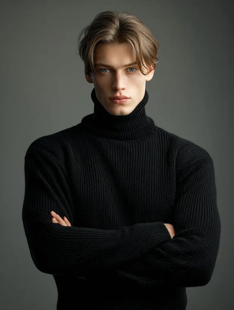 A young man with light brown hair styled with a side part, and light blue eyes, is captured in a studio shot. He is wearing a black turtleneck sweater and has his arms crossed.  His expression is serious and direct, looking intently at the camera against a neutral gray background. The image is sharp and well-lit, focusing on his face and upper body.