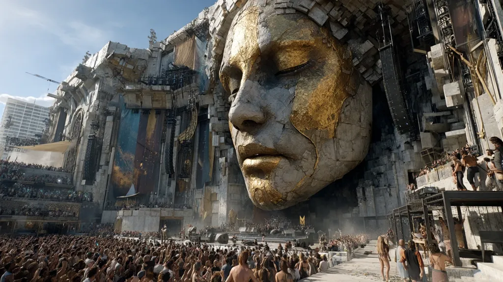 A massive, weathered stone face, partially gilded in gold, dominates a futuristic, possibly post-apocalyptic, amphitheater.  The structure is a blend of ancient and modern architecture, with crowds of people gathered below the colossal head.  The scene suggests a large-scale event or performance taking place within a remarkably designed setting. The overall mood is one of awe and perhaps a touch of dystopian grandeur.
