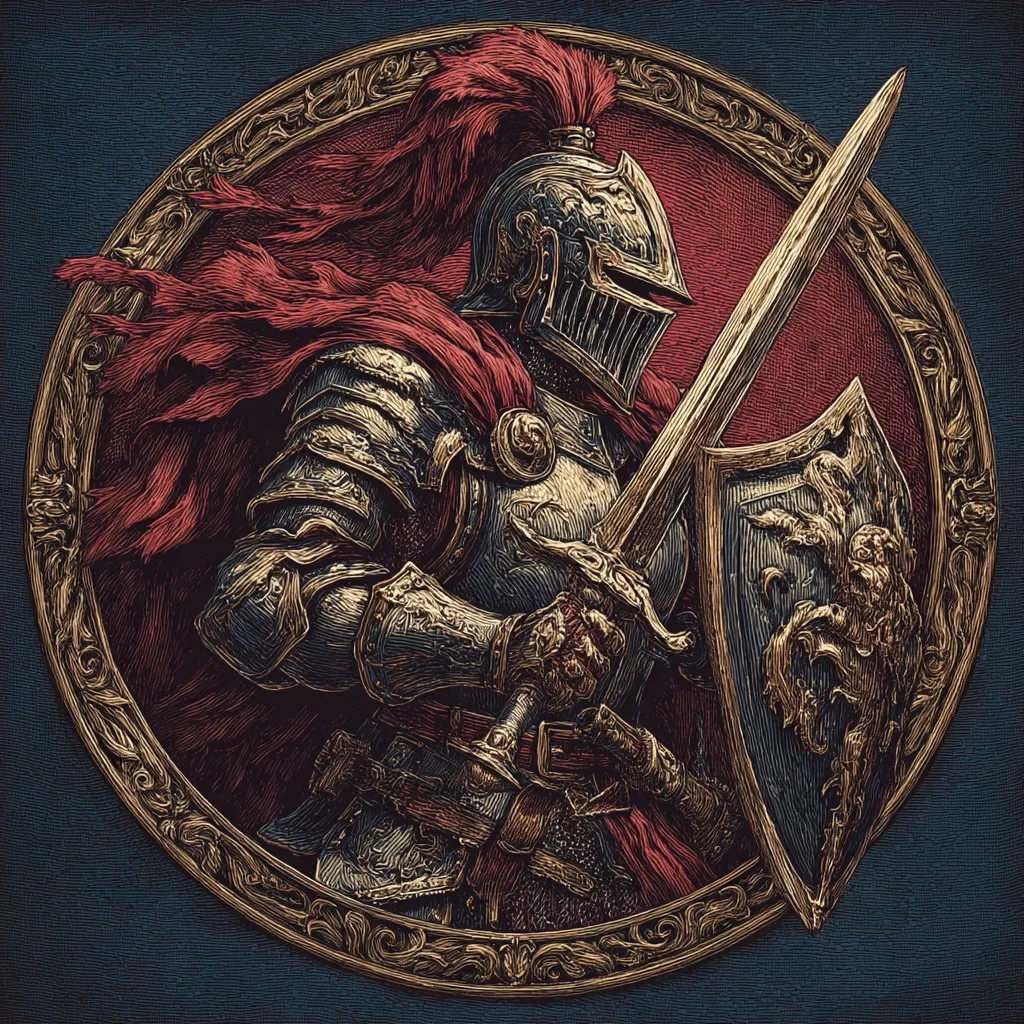 A meticulously detailed illustration depicts a knight in ornate, gold-accented armor.  He holds a long sword and a shield emblazoned with a heraldic lion.  A crimson cape billows behind him, adding drama to the image, which is framed within an elaborate gold circular border against a dark blue background. The style suggests a blend of engraving and digital art.