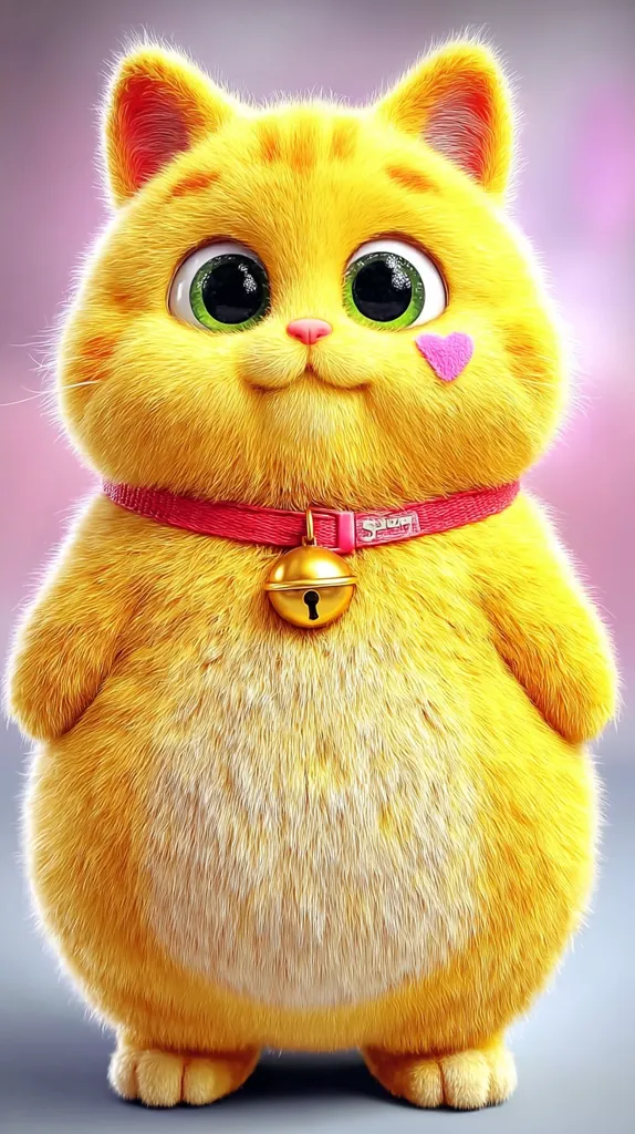 A chubby, cartoonish yellow cat with large, expressive green eyes is depicted.  It has a pink heart-shaped marking on its cheek and wears a red collar with a gold bell.  The cat's fur is fluffy and realistically rendered, giving it a soft and cuddly appearance.  The overall style is cute and appealing.