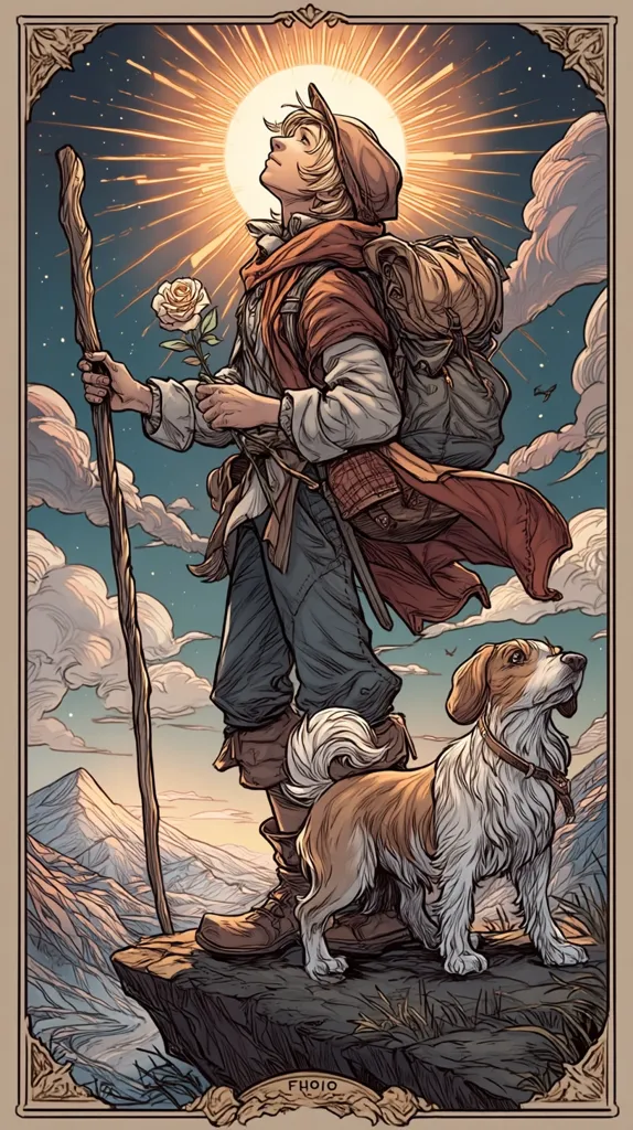 A young traveler, clad in rustic attire and carrying a backpack and staff, stands on a mountain peak.  He gazes upward at a radiant sun, holding a single white rose.  A small dog sits attentively beside him, sharing the breathtaking vista of snow-capped mountains bathed in the warm glow of the setting sun.  The style is reminiscent of Art Nouveau, with detailed linework and rich colors.