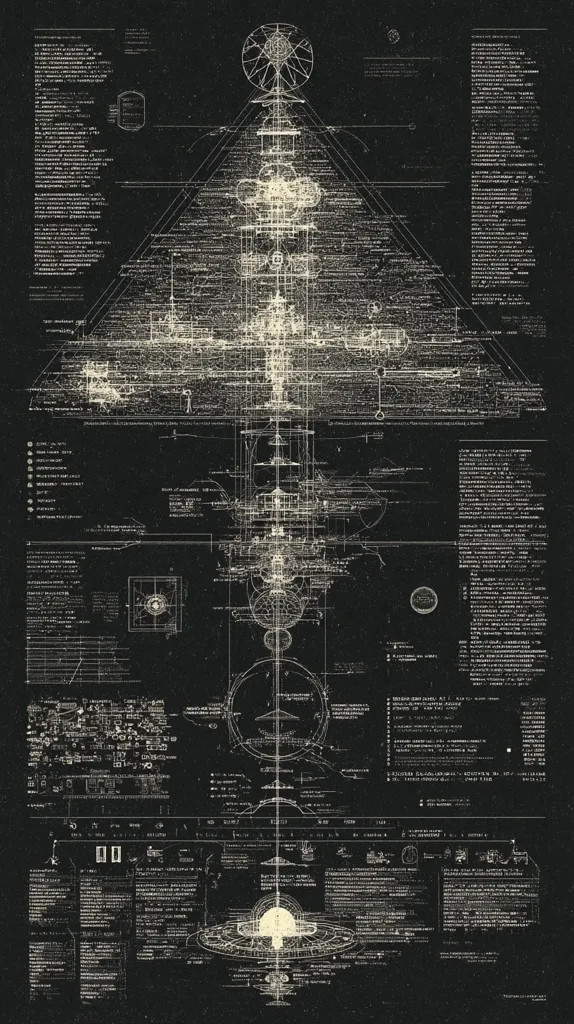 A complex, detailed technical drawing resembling an architectural blueprint or schematic.  It features a large central pyramid-like structure with intricate internal details and surrounding annotations.  Numerous smaller diagrams and text blocks provide supplementary information, suggestive of a multifaceted system or process. The style is reminiscent of vintage engineering drawings with a dark background and light-colored lines.  The overall effect is one of intricate complexity and mystery.