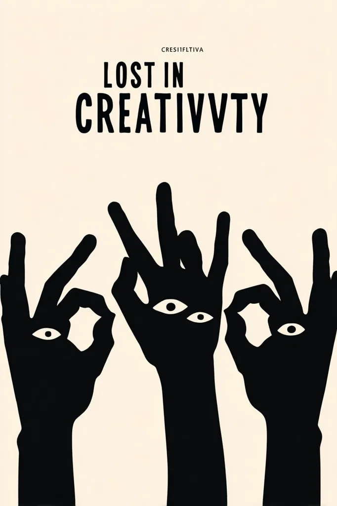 Three stylized black hands, each forming an "okay" sign, are depicted against a cream background.  Eyes are incorporated into the palms.  The phrase "LOST IN CREATIVITY" is prominently displayed above, suggesting a theme of immersion and creative expression.  The minimalist design utilizes stark contrasts in color and form.
