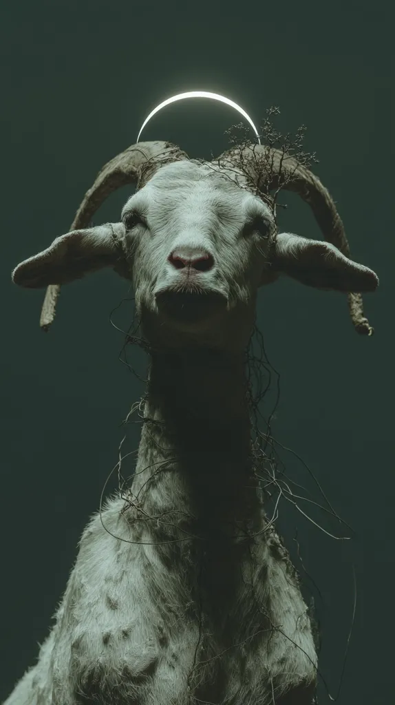 A close-up shot of a white goat, its horns adorned with dried vines and twigs.  A glowing halo-like arc sits above its head against a dark teal background. The goat's expression is serene yet unsettling, creating a surreal and somewhat ominous atmosphere. The image evokes a sense of mystery and perhaps symbolism.