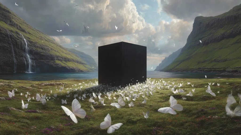 A serene landscape unfolds, featuring a fjord nestled between verdant, mountainous cliffs.  A waterfall cascades down one cliffside.  A large, black cube stands centrally in a grassy field, surrounded by numerous white butterflies that flutter gently. Birds fly overhead under a cloudy sky, adding to the ethereal atmosphere. The scene evokes a sense of mystery and tranquility.