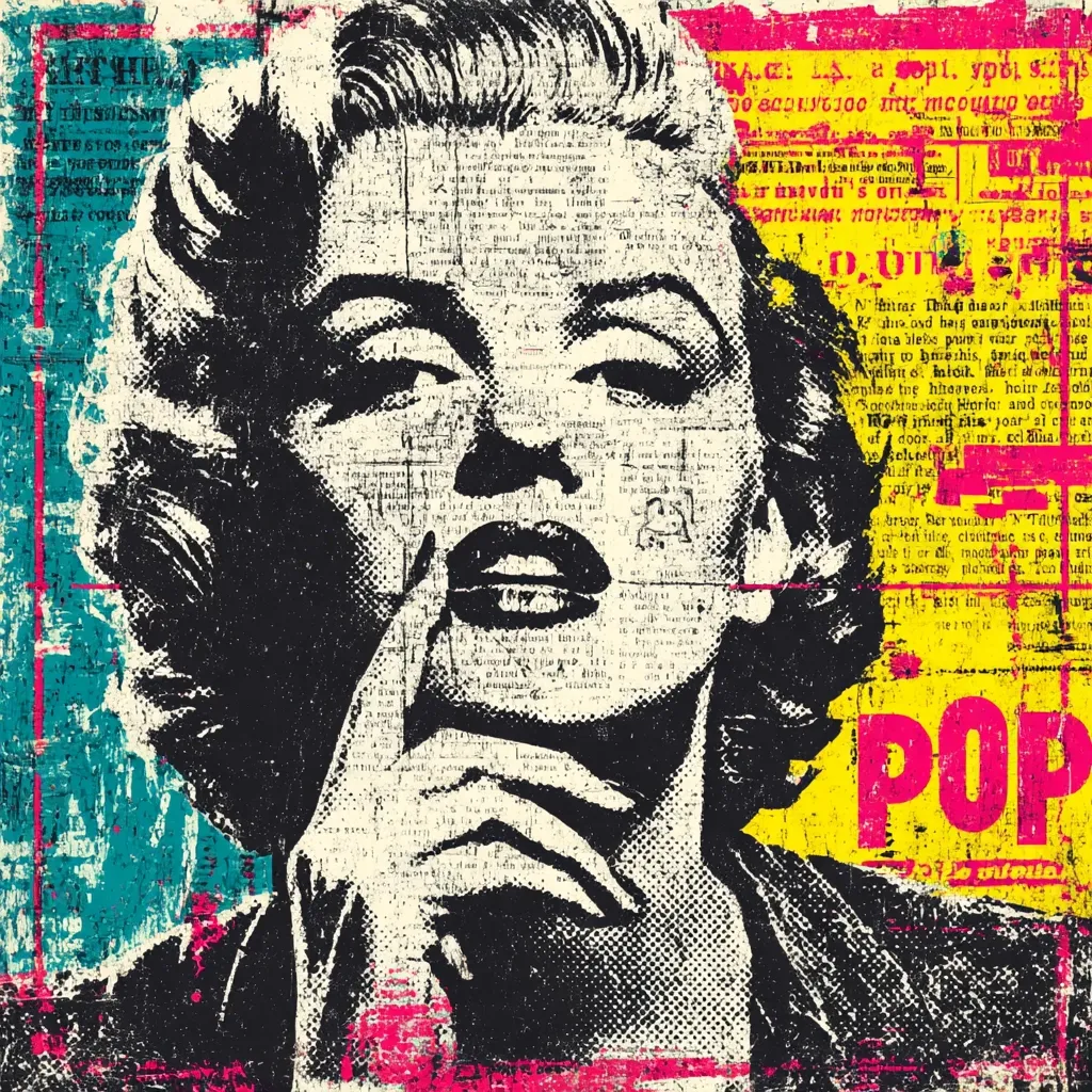 A stylized pop art portrait of Marilyn Monroe is depicted, her face partially obscured by overlaid newspaper text. The image uses bold black and white outlines with vibrant splashes of pink, teal, and yellow, creating a textured, grunge effect.  The word "POP" is prominently displayed in a bold font, emphasizing the piece's pop art style.  The overall aesthetic is bold, graphic, and reminiscent of vintage printmaking techniques.