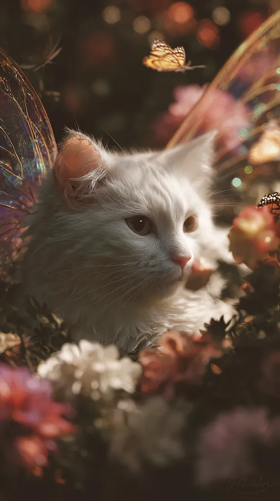 A white, fluffy cat with iridescent fairy wings sits nestled amongst soft, blooming flowers.  Butterflies flutter nearby in a dreamy, ethereal setting. The image evokes a sense of magic and tranquility, with warm, soft lighting highlighting the cat's delicate features and the vibrant colors of the surrounding flora. The overall effect is whimsical and enchanting.