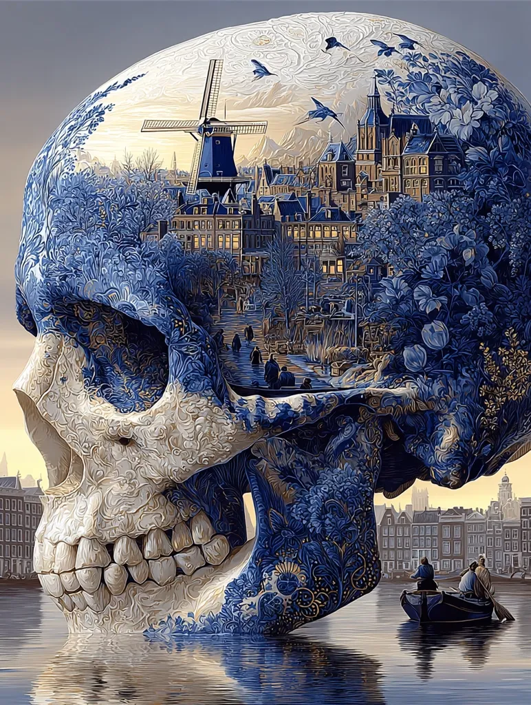 A giant skull, intricately decorated in a Delftware style, floats on calm water.  Inside the skull's cavity is a picturesque Dutch cityscape, complete with windmills, canals, and traditional buildings.  The scene blends surrealism with realism, creating a captivating juxtaposition of life and death, the city nestled within the skull's bony structure. Small boats are visible on the water in front of the skull, adding to the tranquil, yet unsettling, atmosphere.