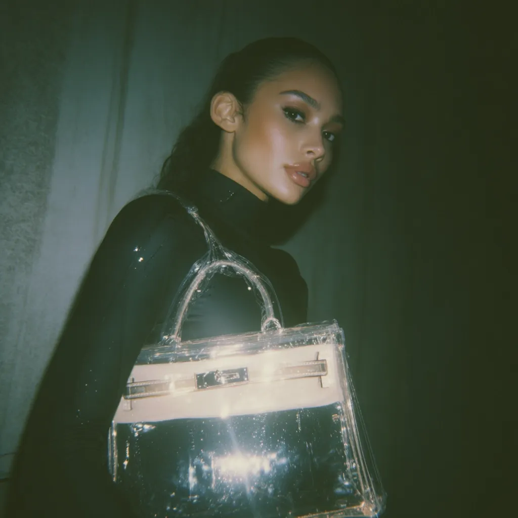 A young woman with dark hair pulled back, wearing a black turtleneck, holds a clear plastic handbag with a beige interior.  The image is dark and moody, with a vintage or film grain effect.  The woman's makeup is subtly done, and her expression is confident and slightly alluring.  The bag resembles a designer style.
