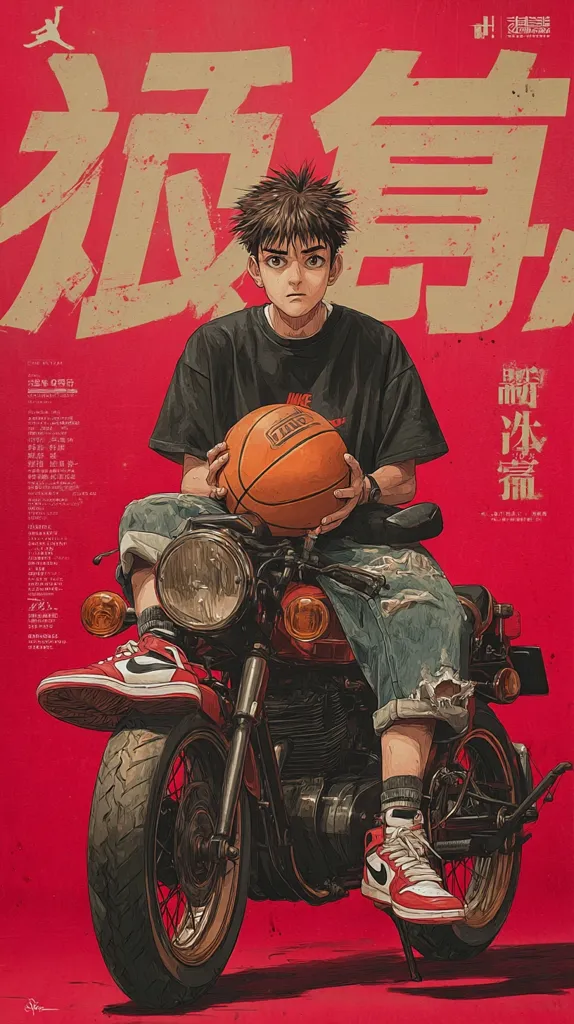 A stylized illustration depicts a young man, possibly a character from a manga or anime, sitting astride a classic motorcycle. He holds a basketball, and wears Air Jordan shoes.  The backdrop features large Chinese characters on a bold red background, possibly a title or tagline. The overall style is a blend of anime and realistic elements, creating a striking visual.