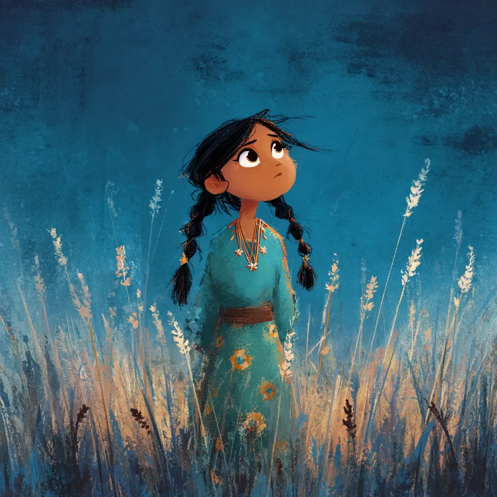 A young Native American girl, with dark hair in braids adorned with gold beads, stands in a tall grass field under a twilight sky.  She wears a teal dress embellished with yellow flowers and a brown belt, and a star-shaped necklace. Her gaze is directed upwards, conveying a sense of wonder or contemplation. The style is painterly, with a soft, dreamlike quality.