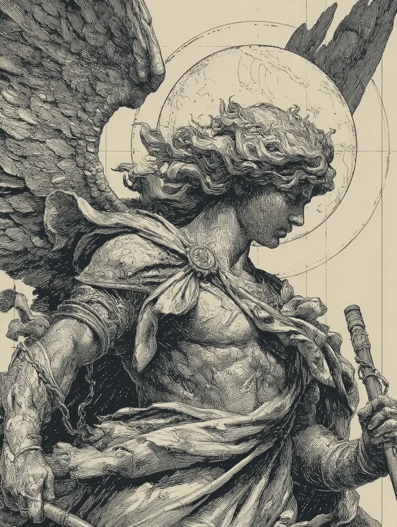 A detailed pen-and-ink drawing depicts a muscular, winged angel, possibly an archangel, in profile.  The angel's flowing hair and robes are intricately rendered, showcasing anatomical detail.  The angel holds a staff or spear, and a halo, partially obscured by the wings, surrounds its head. The style suggests classical influences with a focus on texture and shading. The background features grid lines, hinting at a design process.