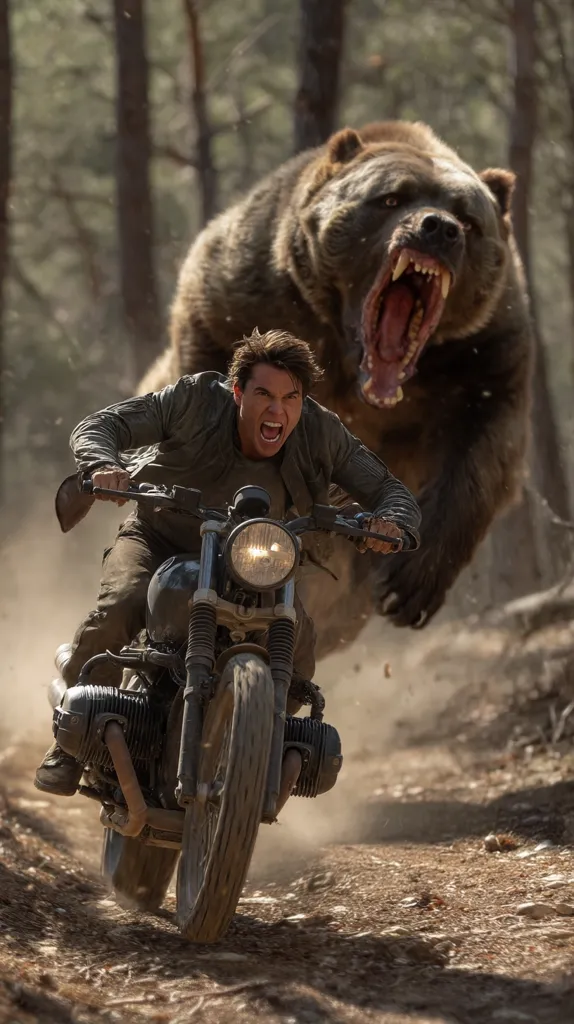 A man on a vintage motorcycle speeds down a dirt road, a massive grizzly bear in hot pursuit. The bear is roaring, its teeth bared, while the terrified rider leans into the turn, dust flying behind him.  The scene is set in a wooded area, suggesting a high-stakes chase through a wilderness setting. The image is dramatic and action-packed.