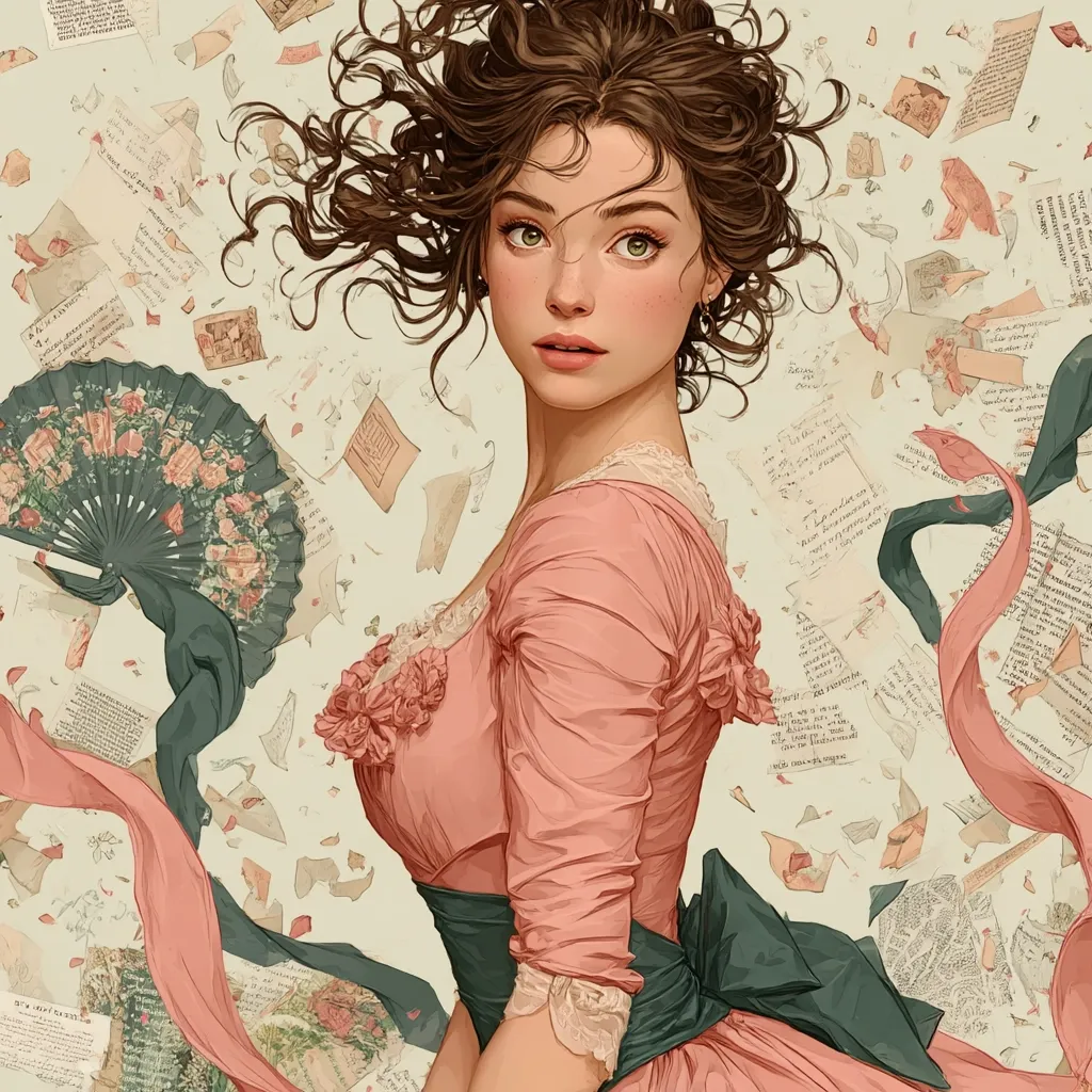 A young woman with flowing brown curls is depicted in a peach-colored dress, adorned with lace and a dark green sash.  She holds a floral hand fan, surrounded by a flurry of antique papers and ribbons. Her expressive green eyes and delicate features convey a sense of wistful beauty. The overall style is reminiscent of Romantic-era portraiture, with a digitally painted, highly detailed finish.