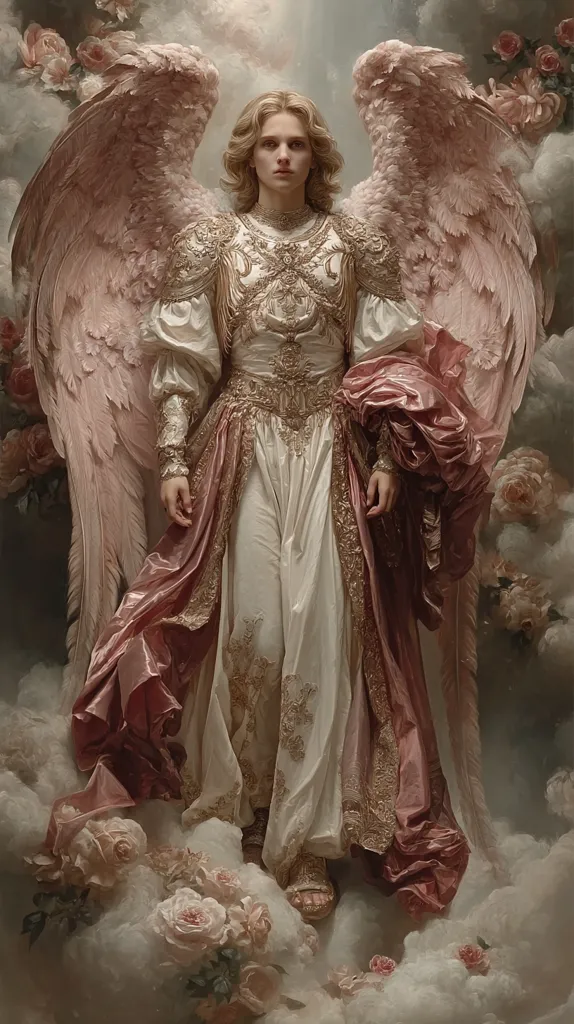 A celestial being, possibly an angel, is depicted in exquisite detail.  The figure, with long blonde hair, wears an ornate, cream-colored gown adorned with gold embroidery and a flowing rose-pink robe.  Large, soft pink wings extend from its back, and the scene is set amidst fluffy clouds and delicate roses, creating a serene and ethereal atmosphere.  The overall impression is one of beauty, grace, and divine presence.