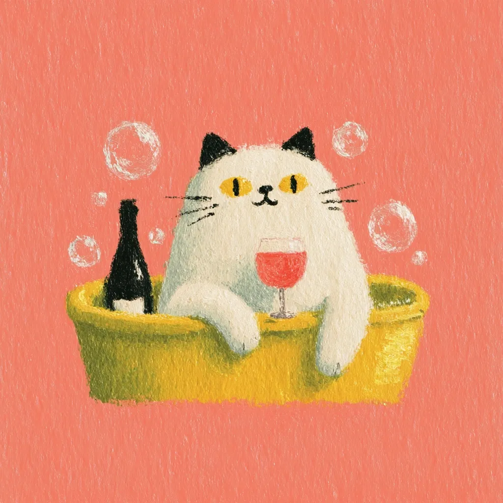 A charming illustration depicts a chubby white cat with black ears, lounging in a yellow tub.  Bubbles surround the cat, creating a bath-like atmosphere.  The cat enjoys a glass of red wine, while a bottle of wine rests nearby. The pastel-like artwork uses textured brushstrokes on a coral background, giving it a whimsical and cozy feel.