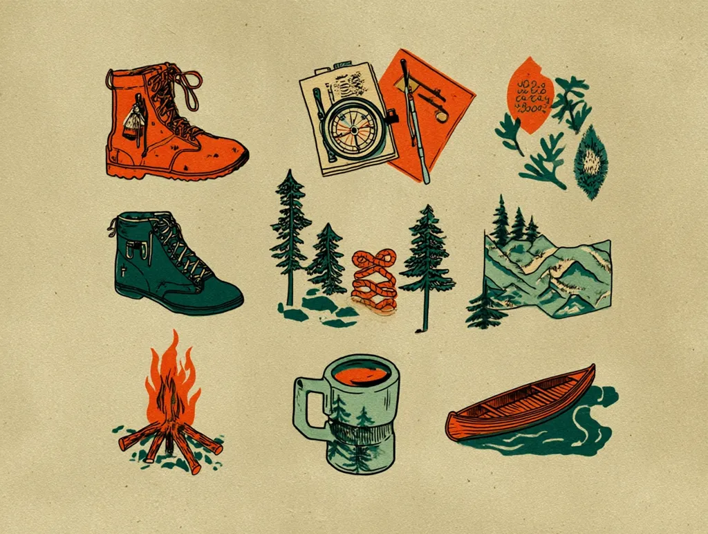 A vintage-style illustration depicts a collection of camping and hiking essentials.  Featured are sturdy boots, a compass, map, fishing rod, campfire, mug, canoe, and stylized mountain range.  The color palette is muted, with earthy tones and greens, creating a nostalgic, outdoorsy feel.  The design elements are neatly arranged on a beige background.