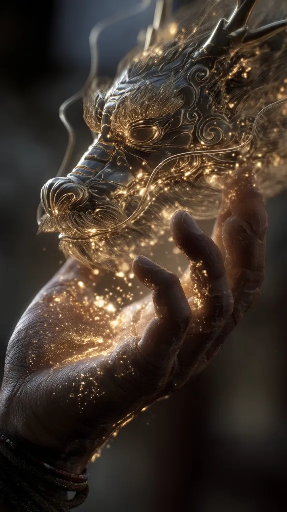 A detailed close-up reveals a hand gently cradling a luminous, metallic dragon's head.  Golden particles, like stardust, emanate from the dragon, illuminating the hand and creating a mystical, ethereal atmosphere. The dragon's intricate design and the hand's textured skin add depth and realism to the image, suggesting a powerful, magical connection.