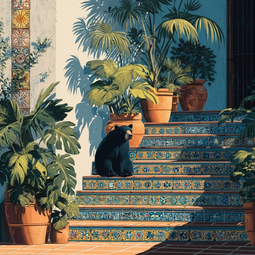 A black bear sits calmly on ornate, tile-covered steps. Lush tropical plants, in terracotta pots, flank the steps and the building's exterior.  Sunlight casts shadows, highlighting the vibrant colors of the tiles and the greenery. The scene is a tranquil juxtaposition of wildlife and architecture, possibly suggesting a peaceful coexistence in a warm climate.