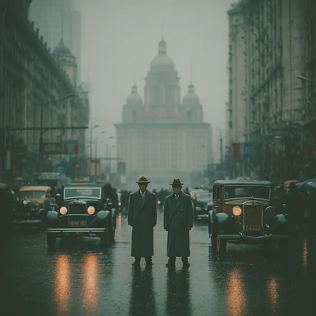 Two men in long overcoats and fedoras stand on a rain-slicked street in a city with vintage cars.  Behind them, a grand building with a dome is visible through a misty atmosphere. The scene evokes a nostalgic, perhaps 1930s or 1940s, ambiance with classic automobiles adding to the period setting. The overall mood is somber and reflective.