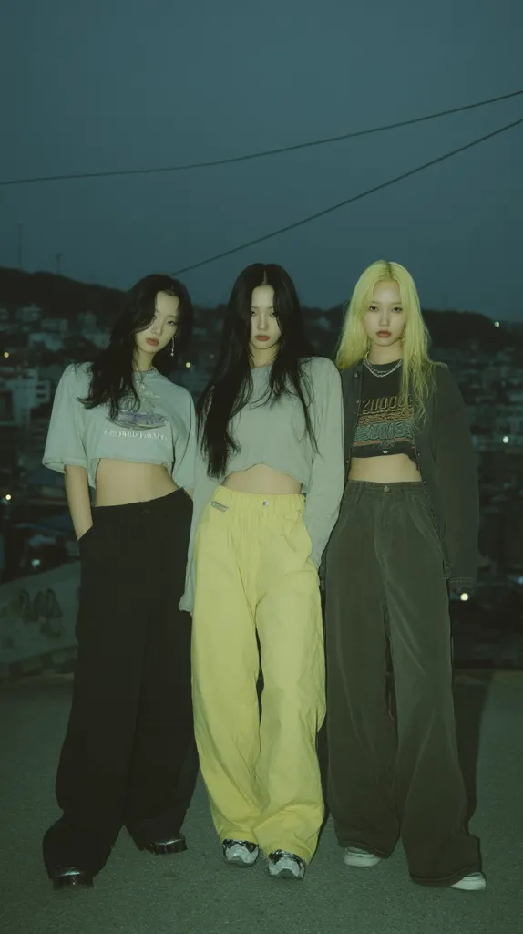 Three young women pose against a twilight cityscape backdrop.  They sport 90s-inspired outfits: loose-fitting trousers – black, mustard yellow, and olive green – paired with cropped tops. Their hairstyles are simple, their expressions serious. The overall mood is moody and evocative of Y2K aesthetics. The image exudes a sense of cool, effortless style.