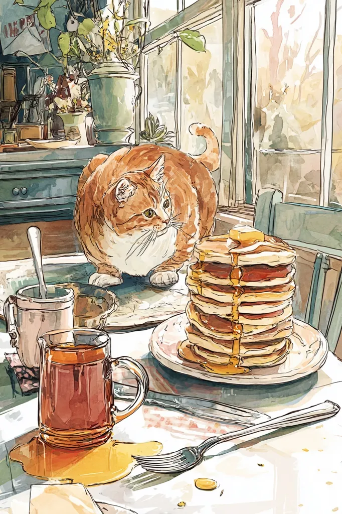 A watercolor illustration depicts a cozy breakfast scene. A plump orange tabby cat observes a stack of pancakes drizzled with syrup on a table near a sunlit window.  A mug of tea and a creamer sit nearby, adding to the warm, inviting atmosphere. The scene is filled with soft light and details, suggesting a peaceful morning.