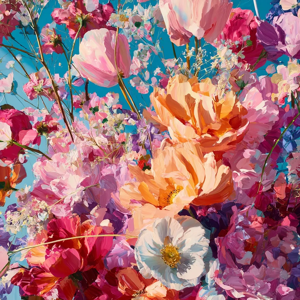 A vibrant, impressionistic painting depicts a lush bouquet of flowers against a bright blue sky.  Pink, orange, and white blossoms, including poppies, peonies, and tulips, are rendered with thick, expressive brushstrokes.  Smaller, delicate flowers and stems fill the spaces between the larger blooms, creating a sense of depth and movement. The overall effect is one of joyful exuberance and summer light.