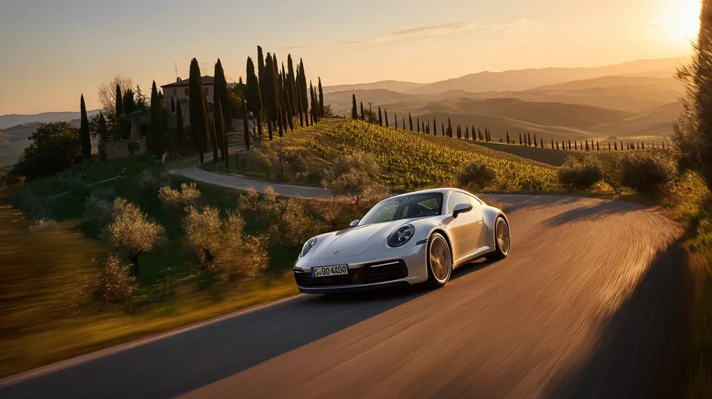 A silver Porsche 911 sports car drives along a winding road through the picturesque Tuscan countryside.  The setting sun casts a warm golden light on the rolling hills, vineyards, and cypress trees. A farmhouse sits atop a hill in the background, completing the idyllic Italian scene. The car appears to be moving at a moderate speed, enjoying the scenic route.