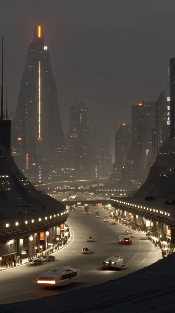 A futuristic cityscape at night is depicted, dominated by a tall, slender, illuminated building.  The city is shrouded in a hazy atmosphere, and a curved road lined with people winds through the scene.  Various vehicles, including flying cars, travel along this road, creating a dynamic and vibrant nocturnal setting. The overall aesthetic is sleek and dark, with warm lighting accents.