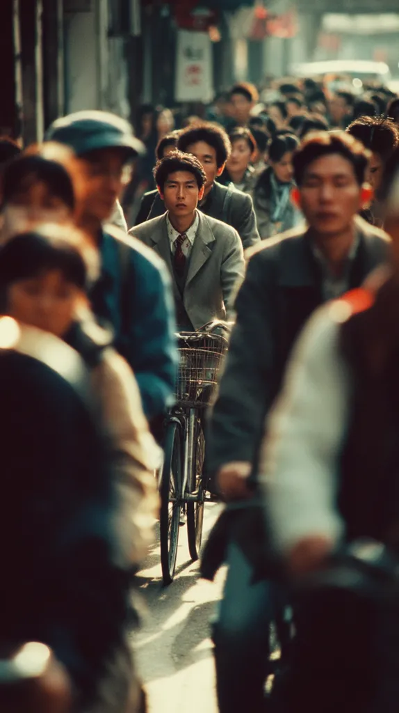 A young man in a light beige suit rides a bicycle through a crowded city street.  He is surrounded by a dense mass of pedestrians, many blurred by motion, suggesting a bustling urban scene. The atmosphere is one of everyday life in a busy Asian city, with a mix of clothing and ages visible in the crowd.  The sunlight casts shadows on the street, adding depth to the image.