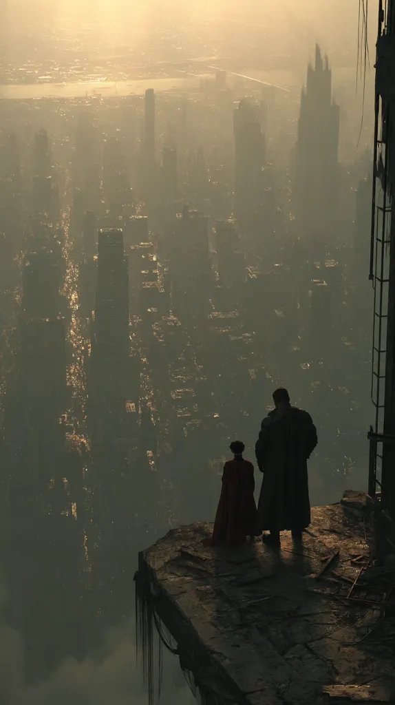 Two silhouetted figures stand on a crumbling rooftop overlooking a sprawling, hazy city at sunset.  The cityscape stretches to the horizon, a blend of tall buildings and atmospheric smog. The scene evokes a sense of desolation and mystery, possibly post-apocalyptic or dystopian in nature.  The figures' small size emphasizes the vastness of the urban expanse below.