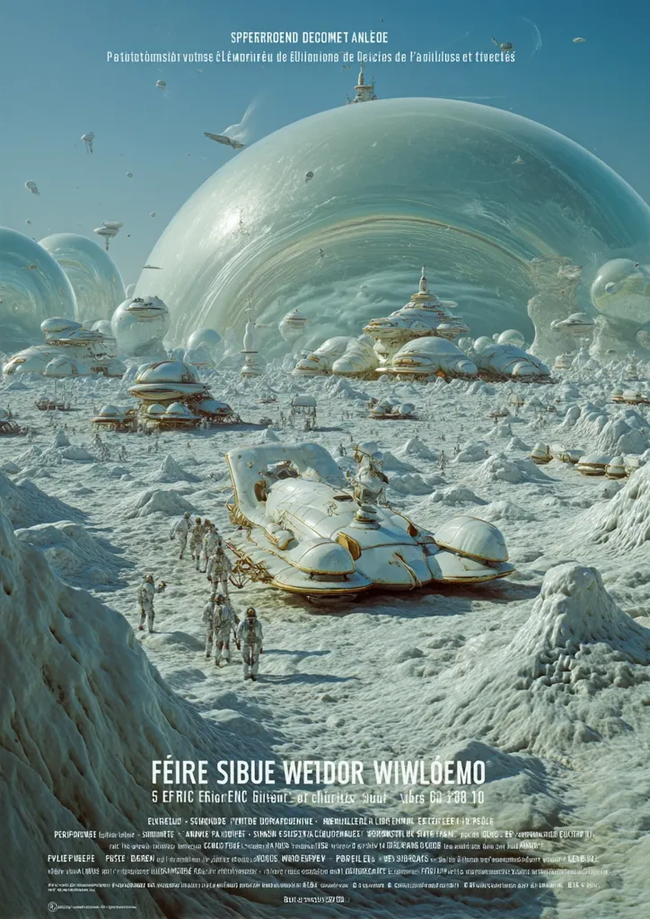 A futuristic cityscape unfolds on a snow-covered alien landscape.  Giant transparent bubbles house buildings and vehicles, creating a surreal, otherworldly scene.  Small figures, seemingly inhabitants, traverse the frozen ground near a large, ornate vehicle. The artwork presents a harmonious blend of advanced technology and a cold, pristine environment. The title "Féire Sibue Weidór Wiwlóemo" suggests a place name or event.